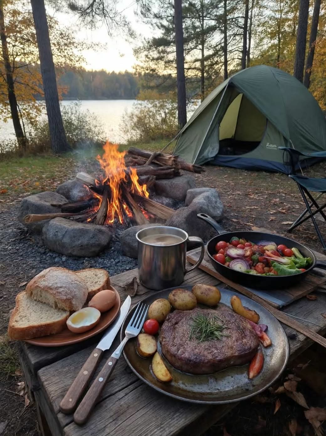 Campfire beside a tent and a campsite meal